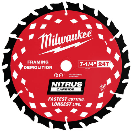 Milwaukee 48-40-0750 7-1/4" 24T NITRUS Carbide Framing & Demolition Circular Saw Blade