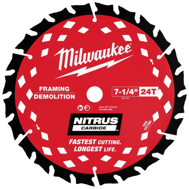 Milwaukee 48-40-0750 7-1/4" 24T NITRUS Carbide Framing & Demolition Circular Saw Blade