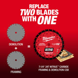 Milwaukee 48-40-0752 7-1/4" 24T NITRUS Carbide Framing & Demolition Circular Saw Blade 2 Pack - 7