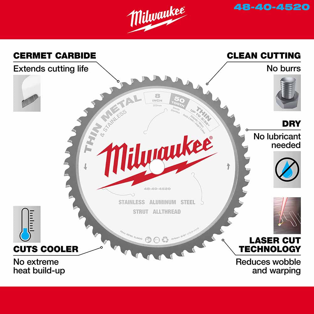 Milwaukee 48-40-4520 8" 50T Ferrous Metal Cermet Tip Circular Saw Blade, Thin Metals, 5/8" Arbor - 4