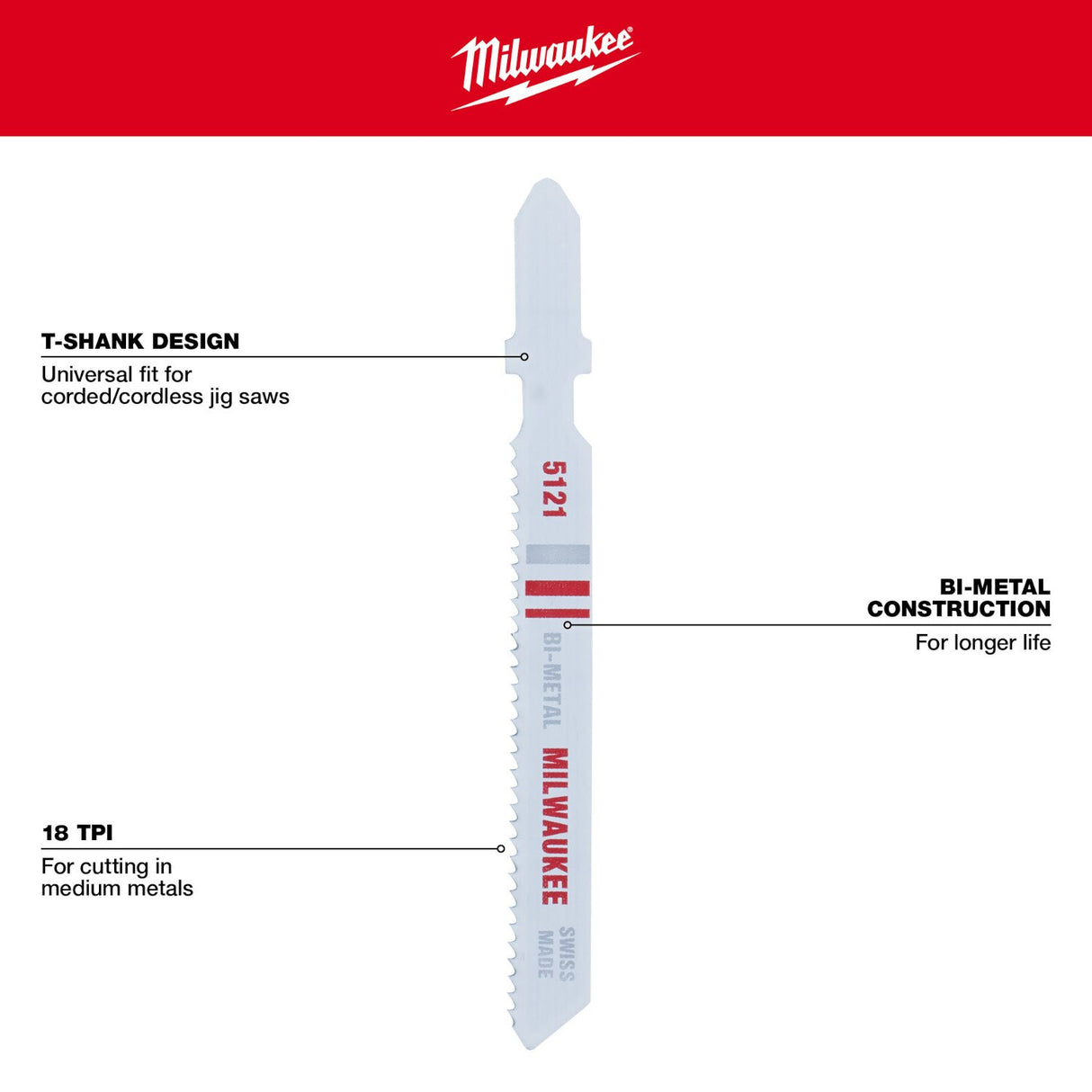 Milwaukee 48-42-5121 3" X 18 TPI, Bi-Metal Jig Saw Blades, 5-Pack - 4