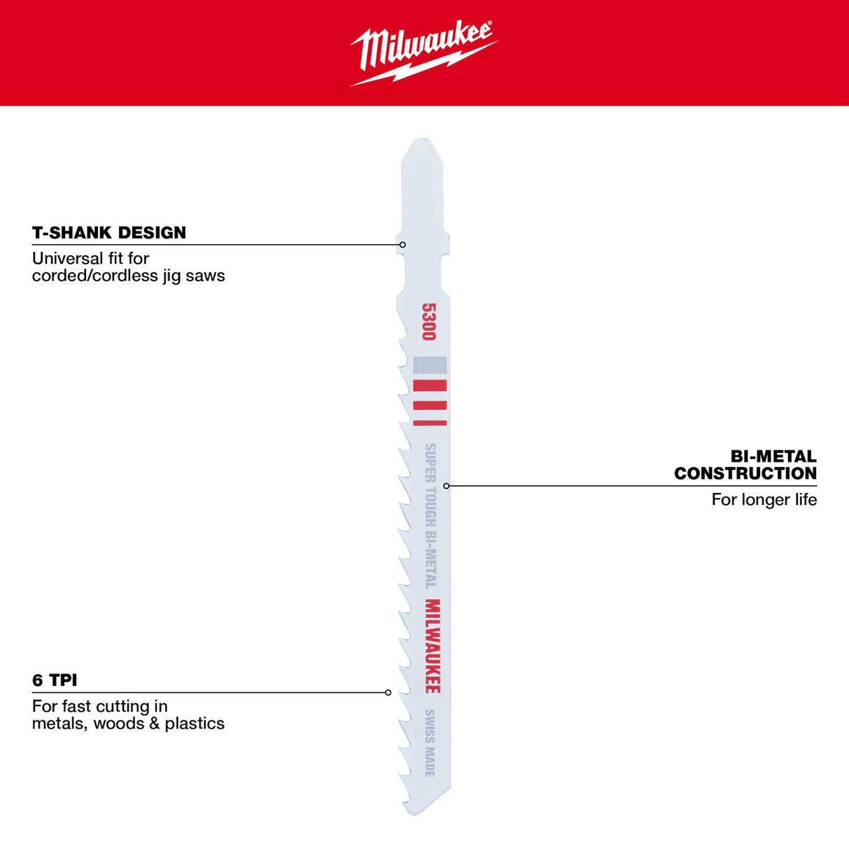 Milwaukee 48-42-5300 4" X 6 TPI, Bi-Metal Jig Saw Blades, 5-Pack - 4
