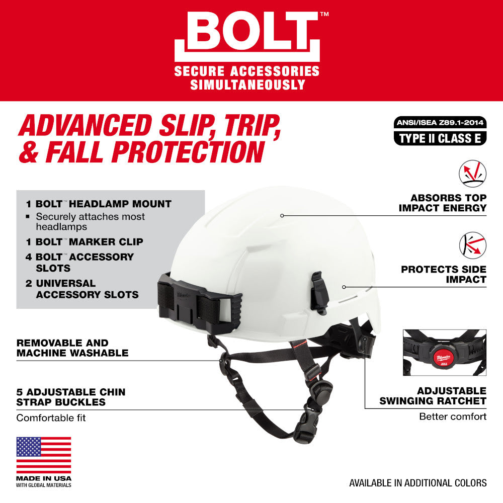 Milwaukee 48-73-1351 BOLT White Safety Helmet with IMPACT ARMOR Liner (USA) - Type 2, Class E - 3