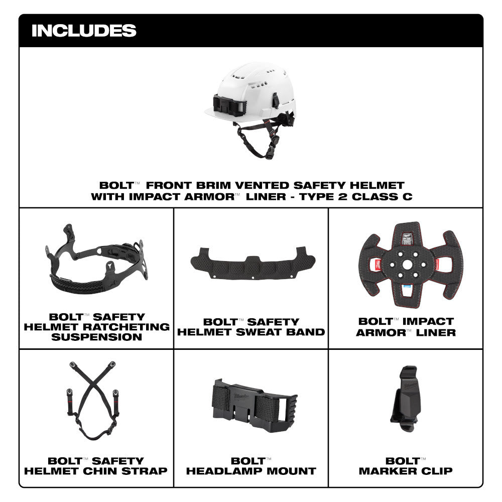 Milwaukee 48-73-1370 BOLT Green Front Brim Vented Safety Helmet with IMPACT ARMOR Liner (USA) - Type 2, Class C - 10