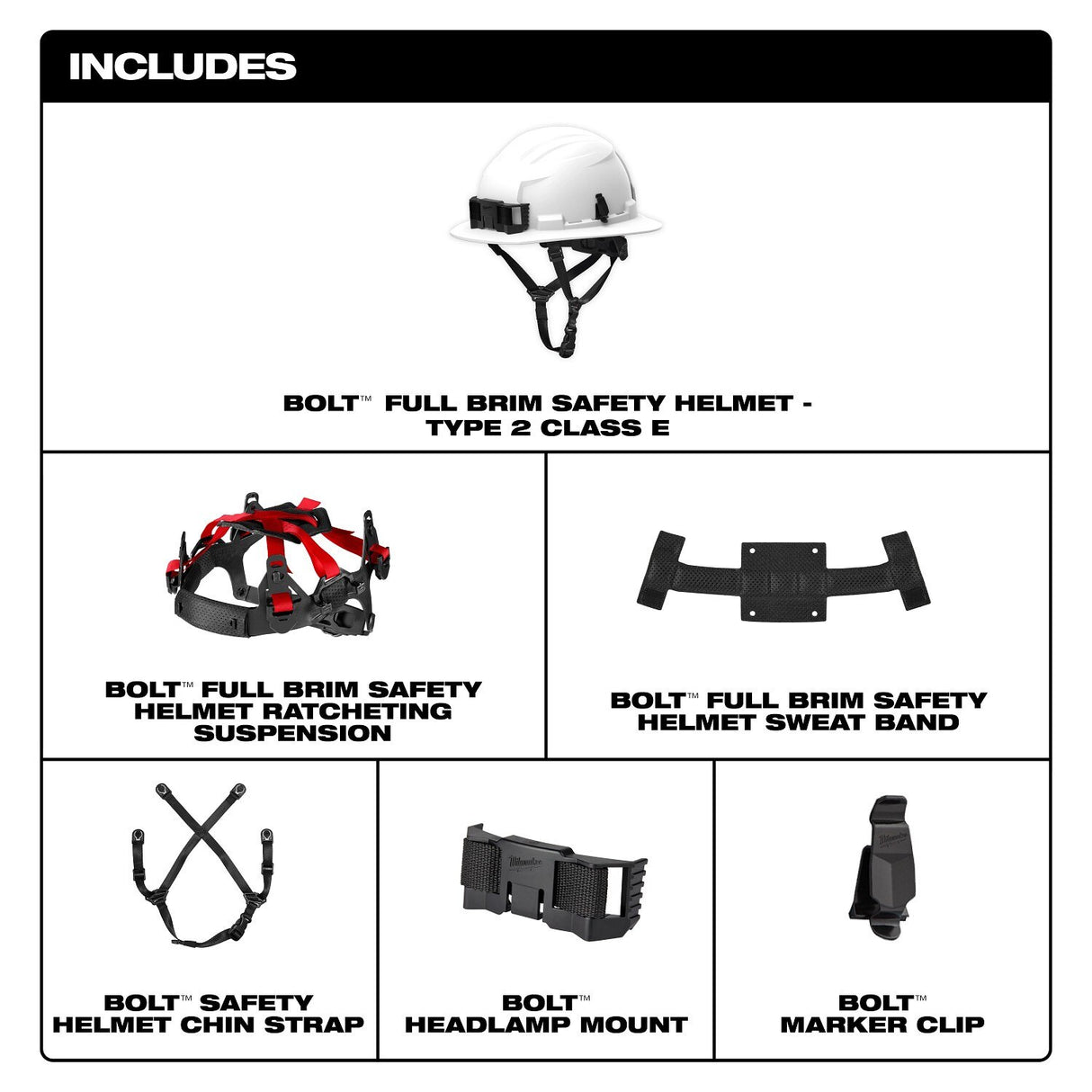 Milwaukee 48-73-1661 BOLT Black Full Brim Safety Helmet – Type 2, Class E - 10