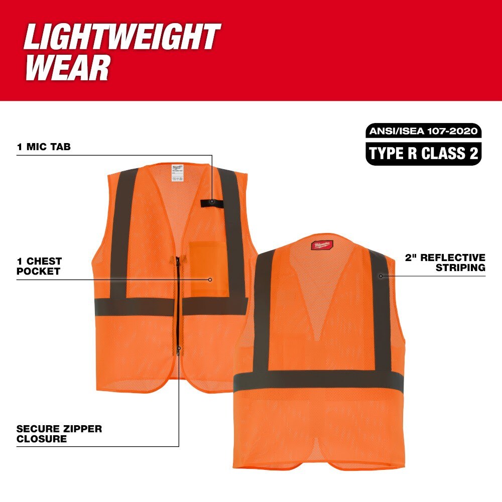 Milwaukee 48-73-2247 Class 2 High Visibility Orange Mesh One Pocket Safety Vest - 2X/3X - 3