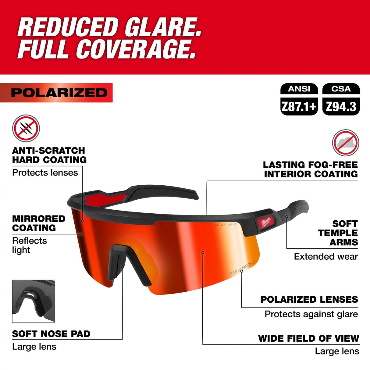 Milwaukee 48-73-2501 Polarized Wrap Around Safety Glasses with Red Mirrored Dual Coat Lenses - 2