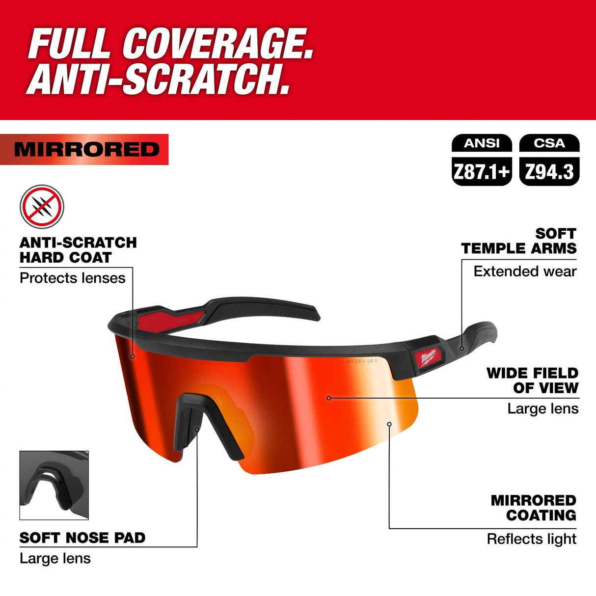 Milwaukee 48-73-2506 Wrap Around Safety Glasses with Red Mirrored Anti-Scratch Lenses for All-Day Wear - 2