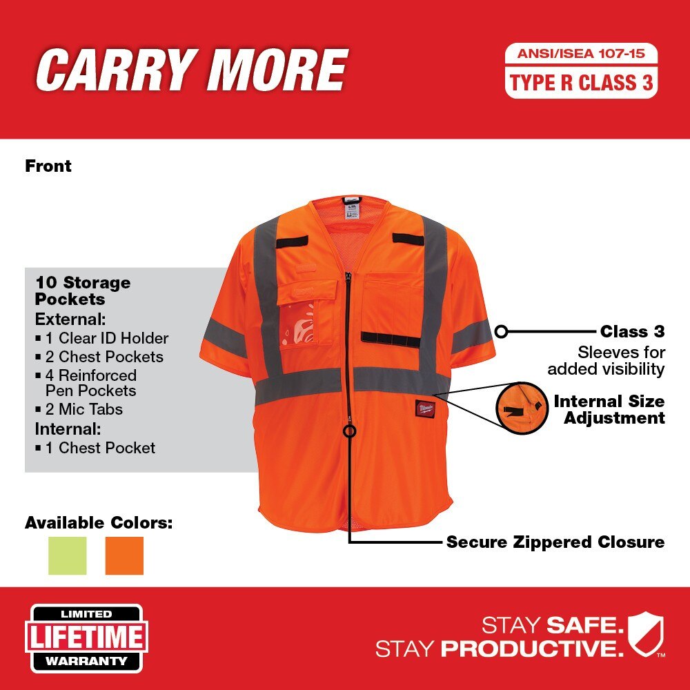 Milwaukee 48-73-5146 Class 3 High Visibility Orange Safety Vest - L/XL - 8