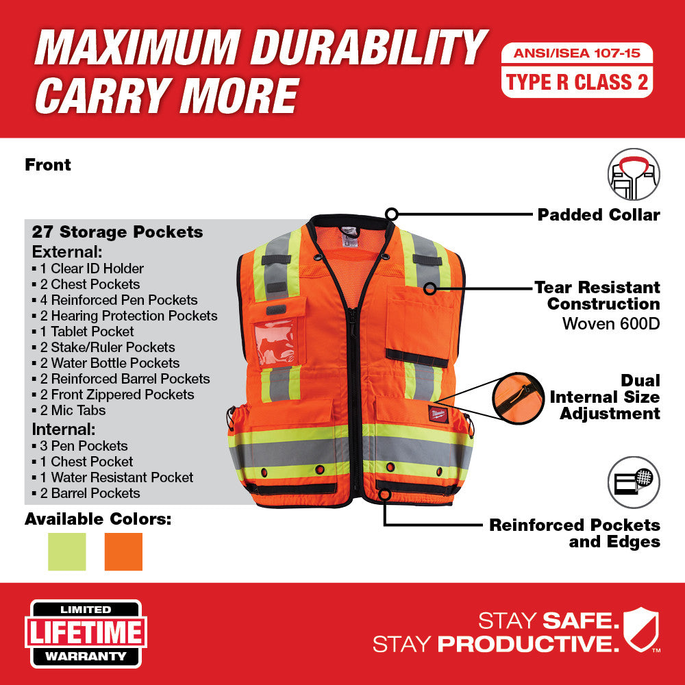 Milwaukee 48-73-5166 Class 2 Surveyor's High Visibility Orange Safety Vest - L/XL - 9