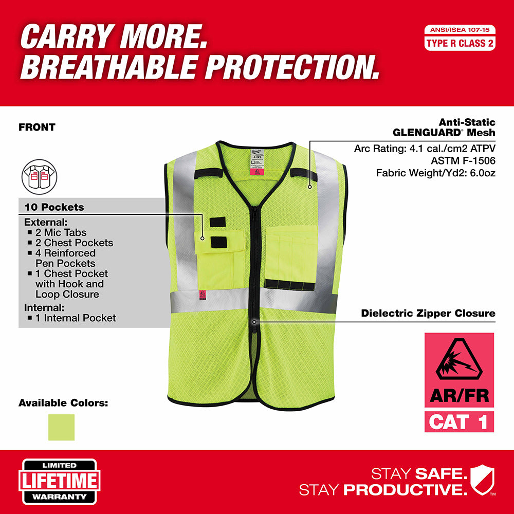 Milwaukee 48-73-5201 AR/FR Cat. 1 Class 2 High Visibility Yellow Mesh Safety Vest - S/M - 3