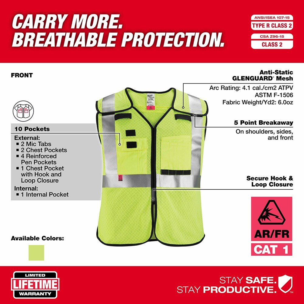 Milwaukee 48-73-5214 AR/FR Cat 1 Class 2 Breakaway High Visibility Yellow Mesh Safety Vest - 4XL/5XL - 4
