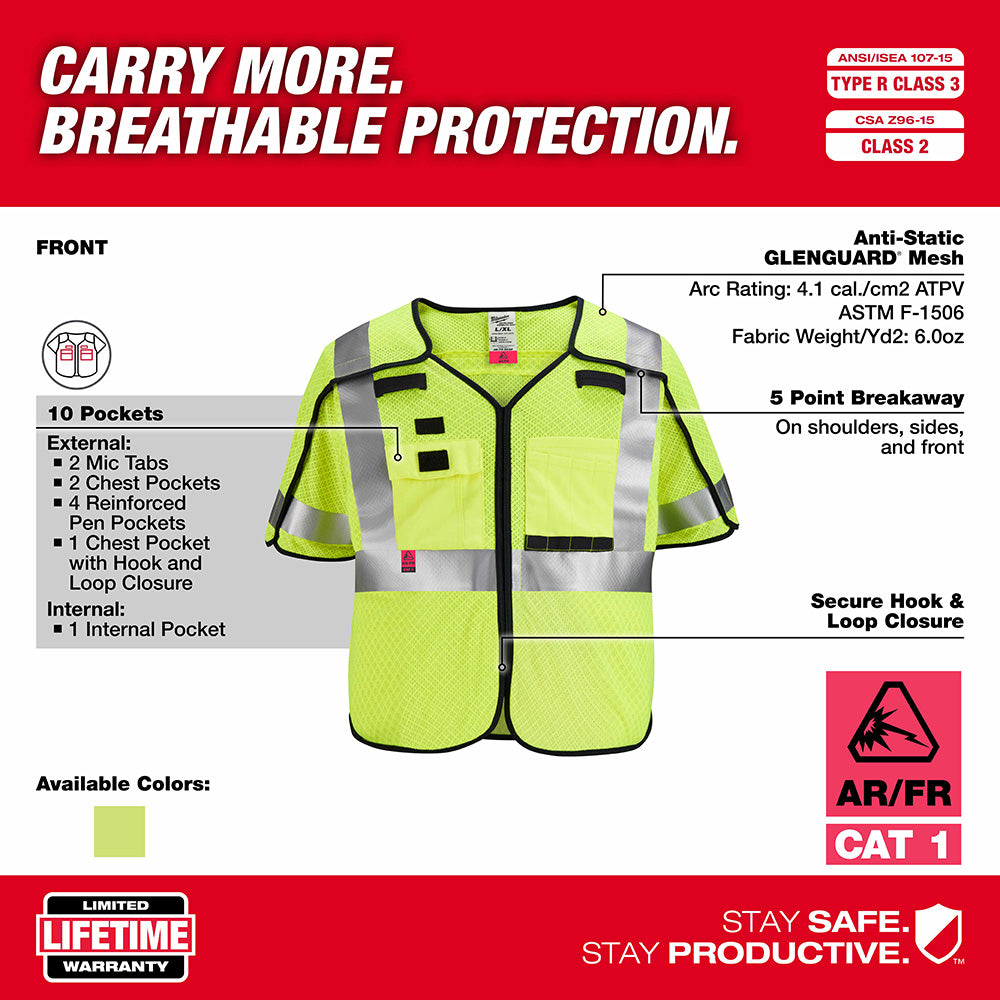 Milwaukee 48-73-5233 AR/FR Cat 1 Class 3 Breakaway High Visibility Yellow Mesh Safety Vest - 2XL/3XL - 5