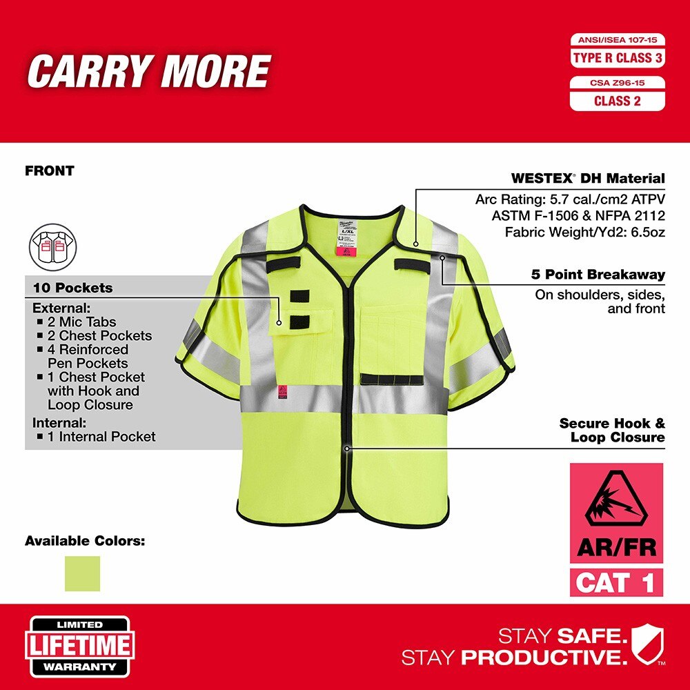 Milwaukee 48-73-5332 AR/FR Cat. 1 Class 3 Breakaway High Visibility Yellow Safety Vest - L/XL - 5