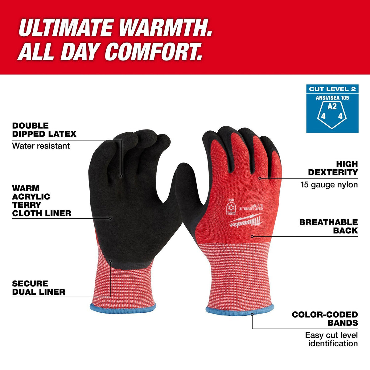 Milwaukee 48-73-7921E Cut Level 2 Winter Dipped Gloves - Medium (12 Pack) - 2