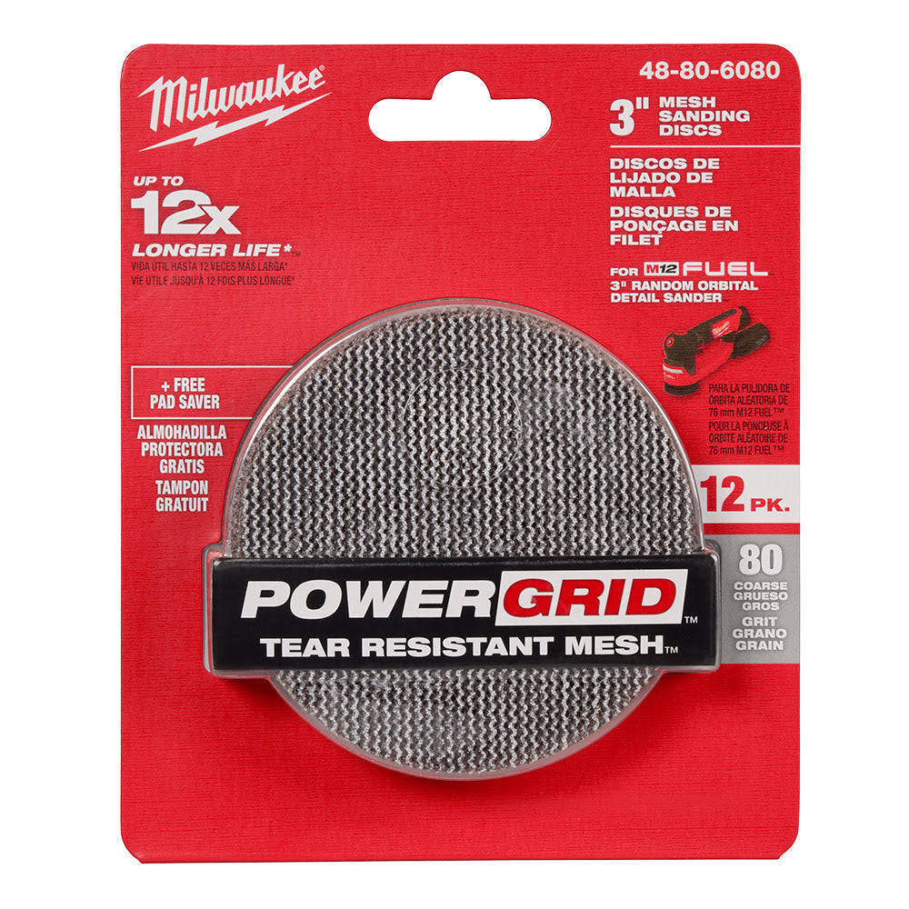 Milwaukee 48-80-6080 3" 80 Grit Mesh Sanding Discs with POWERGRID Tear Resistant Mesh - 12 pk + Pad Saver - 11