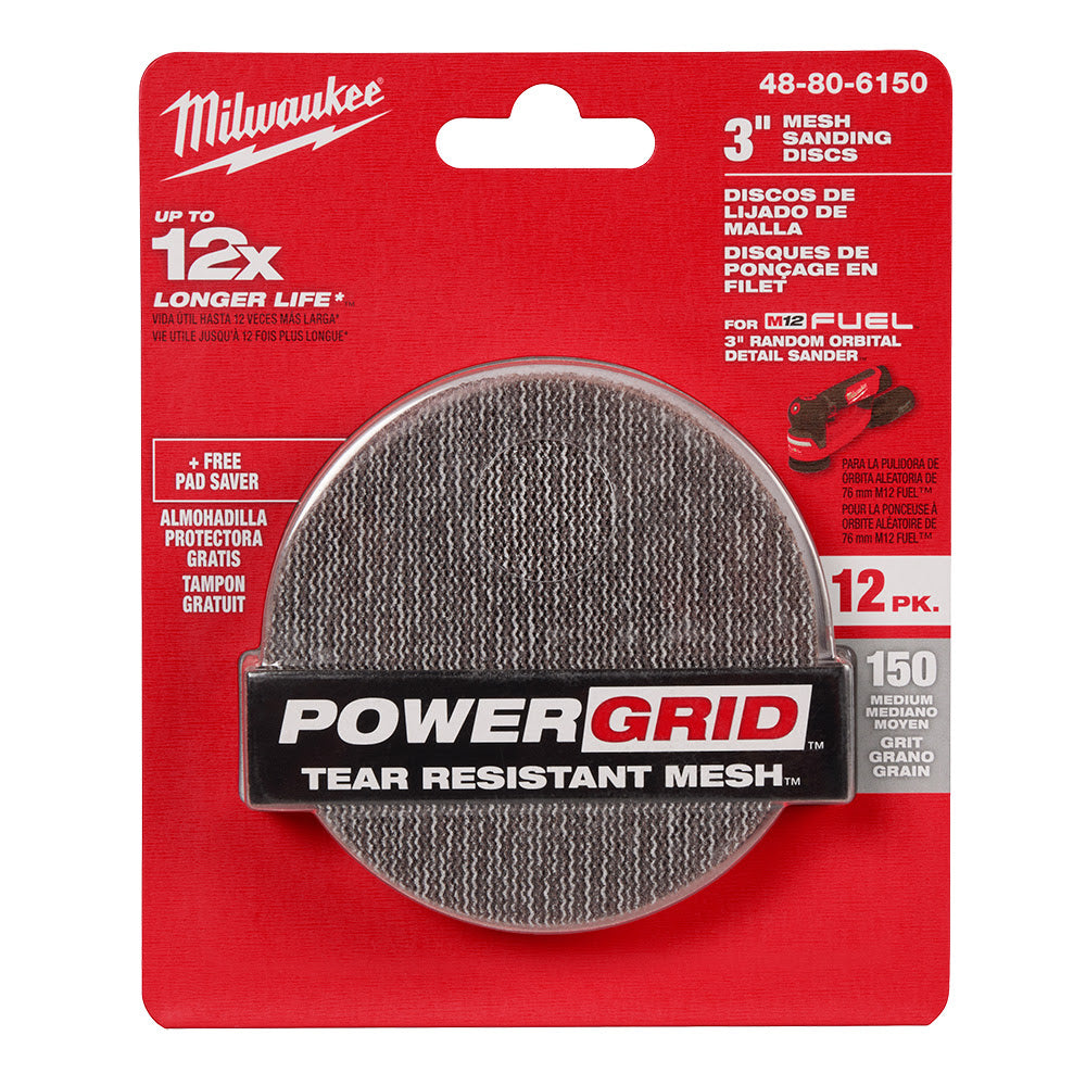 Milwaukee 48-80-6150 3" 150 Grit Mesh Sanding Discs with POWERGRID Tear Resistant Mesh - 12 pk + Pad Saver - 11