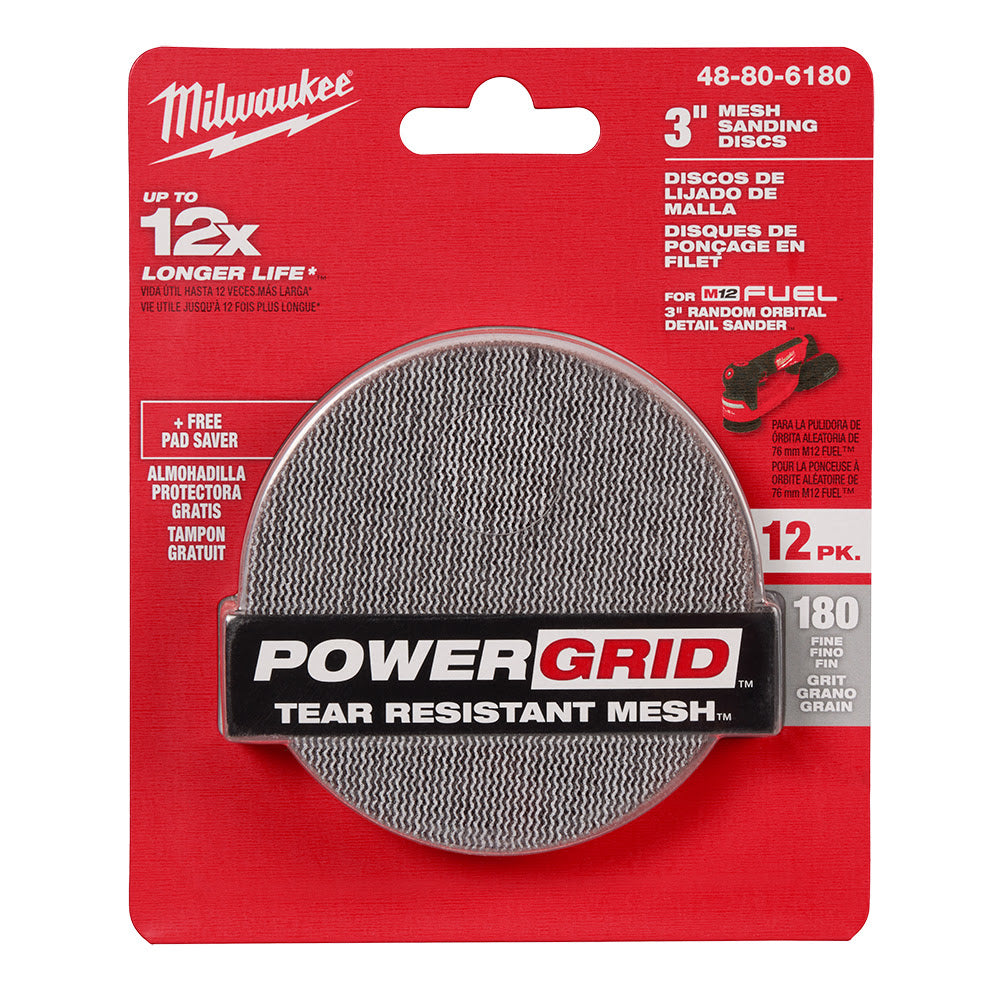 Milwaukee 48-80-6180 3" 180 Grit Mesh Sanding Discs with POWERGRID Tear Resistant Mesh - 12 pk + Pad Saver - 11