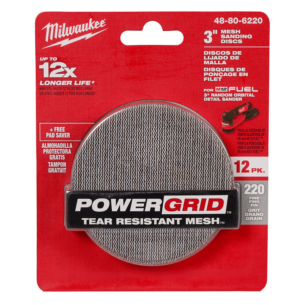 Milwaukee 48-80-6220 3" 220 Grit Mesh Sanding Discs with POWERGRID Tear Resistant Mesh - 12 pk + Pad Saver - 11