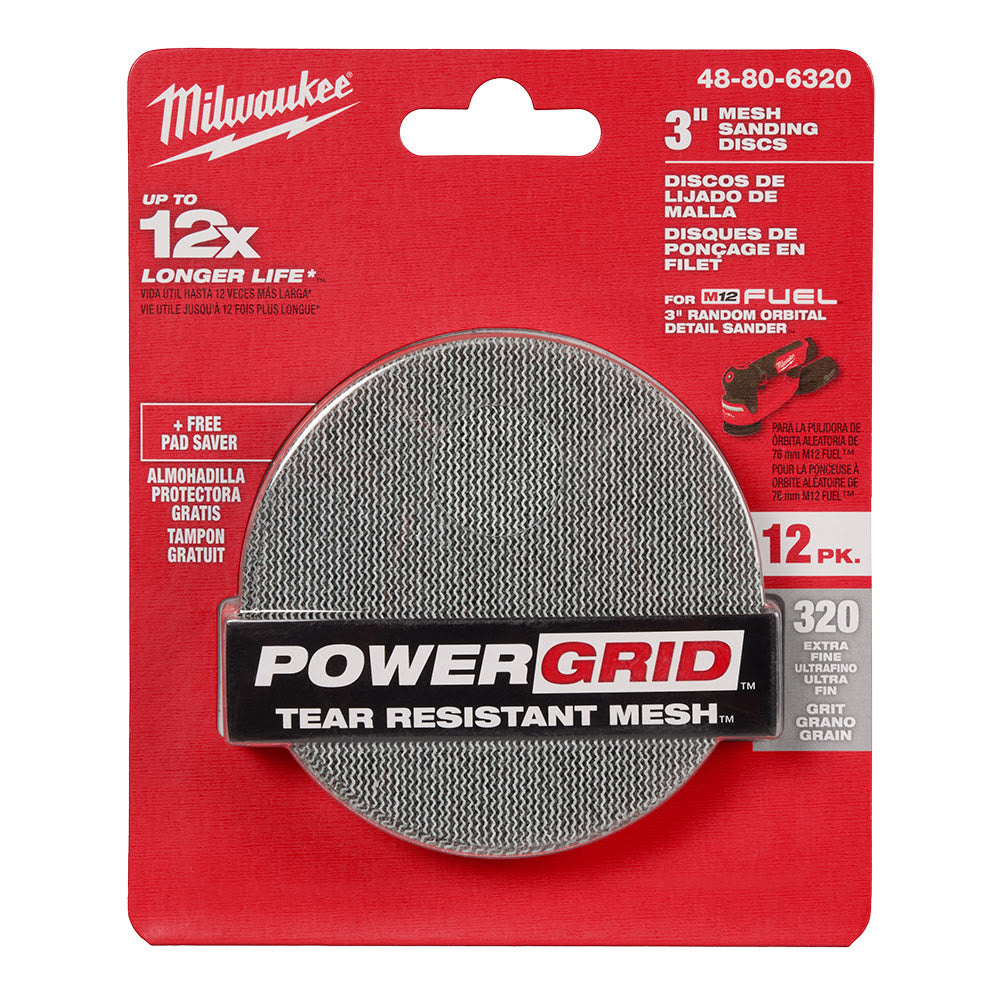 Milwaukee 48-80-6320 3" 320 Grit Mesh Sanding Discs with POWERGRID Tear Resistant Mesh - 12 pk + Pad Saver - 11