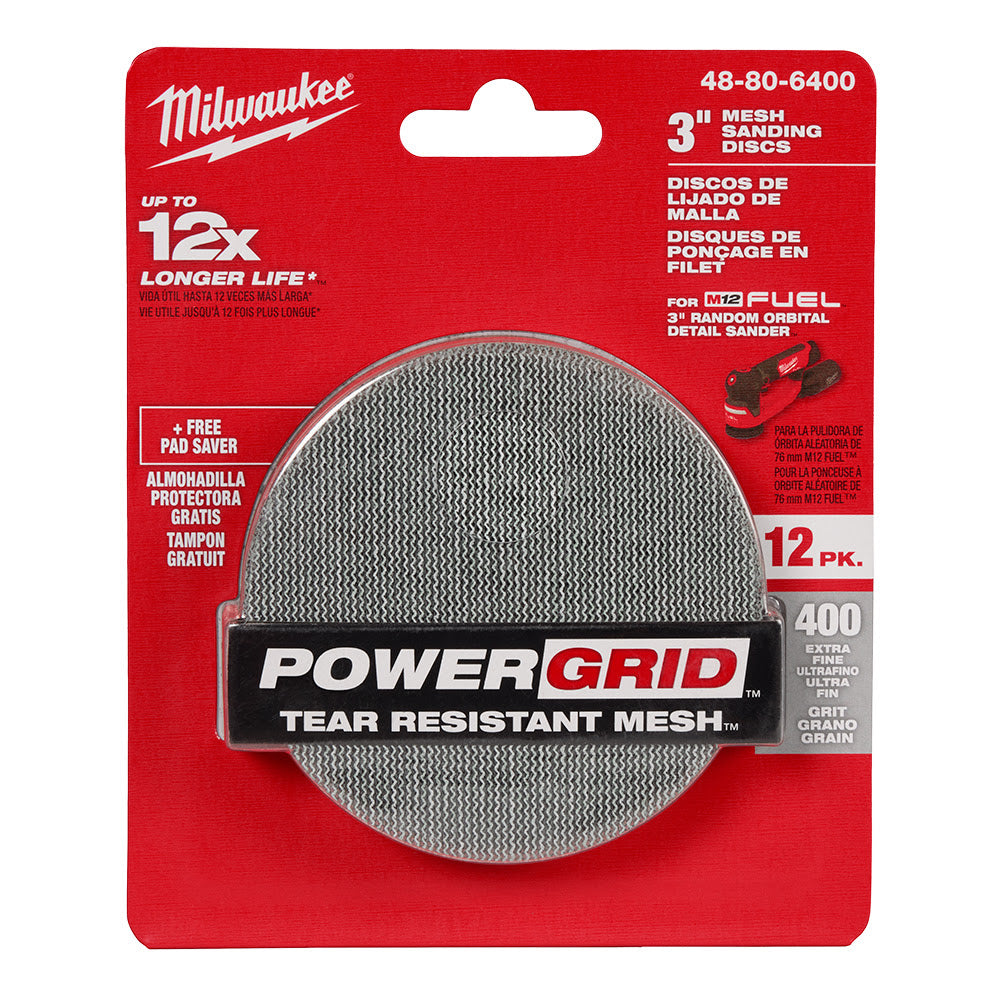 Milwaukee 48-80-6400 3" 400 Grit Mesh Sanding Discs with POWERGRID Tear Resistant Mesh - 12 pk + Pad Saver - 11