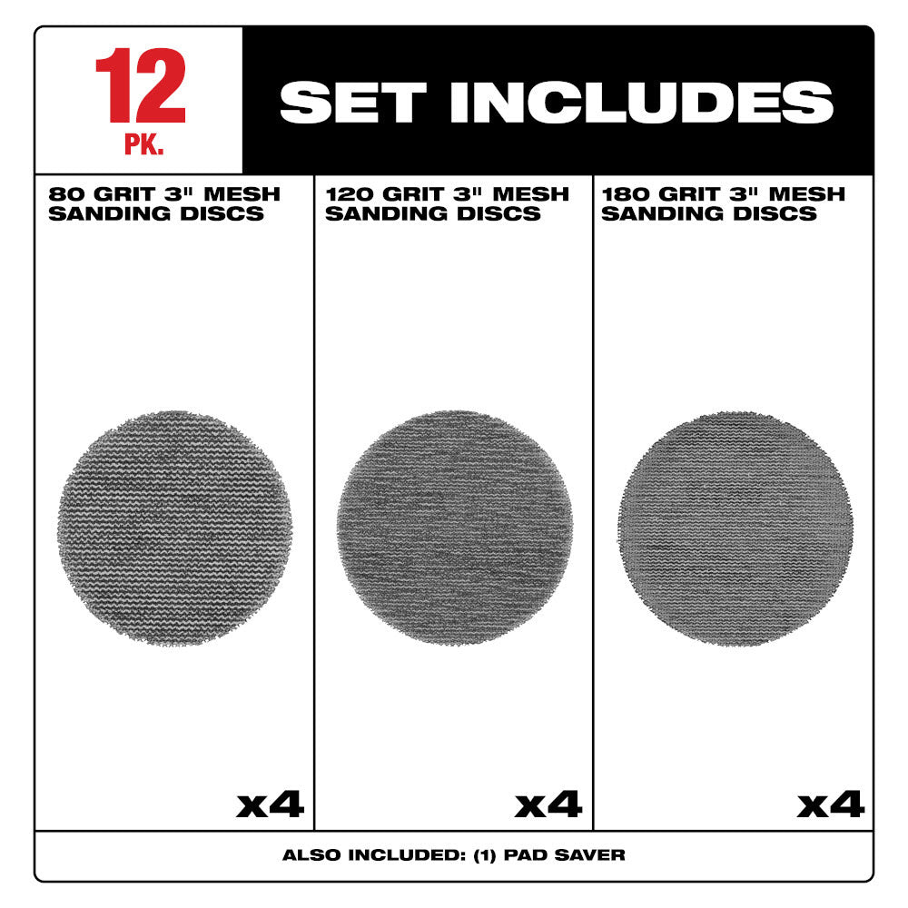 Milwaukee 48-80-6405 3" Assorted 80, 120, 180 Grit Mesh Sanding Discs with POWERGRID Tear Resistant Mesh - 12 pk + Pad Saver - 2