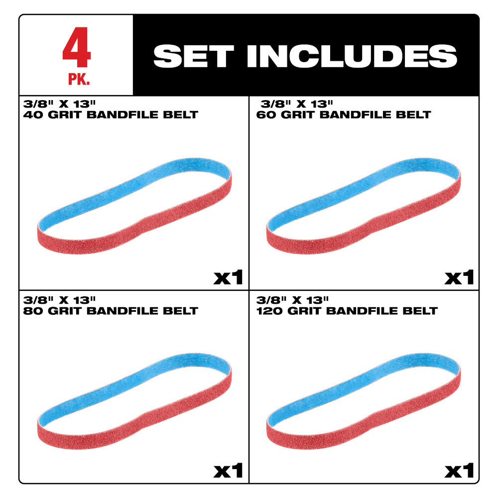 Milwaukee 48-80-7000 3/8" x 13" 40/60/80/120 Grit Bandfile Belts - 4 pack variety - 2