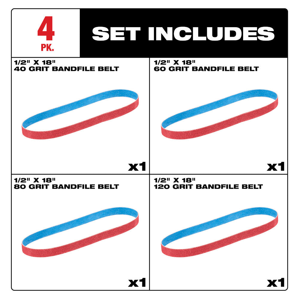 Milwaukee 48-80-9000 1/2" x 18" 40/60/80/120 Grit Bandfile Belts - 4 pack variety - 2