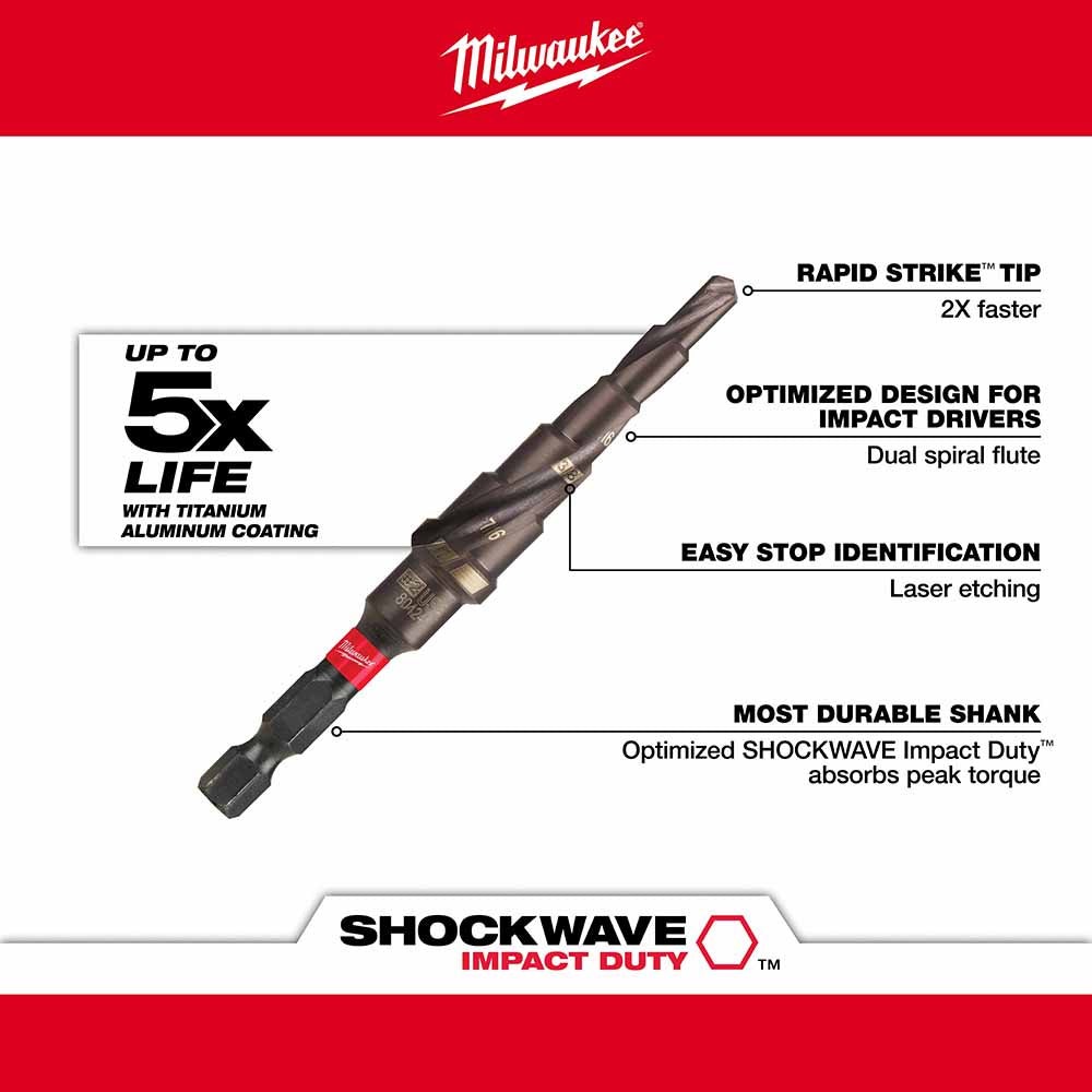 Milwaukee 48-89-9242 SHOCKWAVE Impact Duty Step Bit #2 3/16 - 1/2" - 4