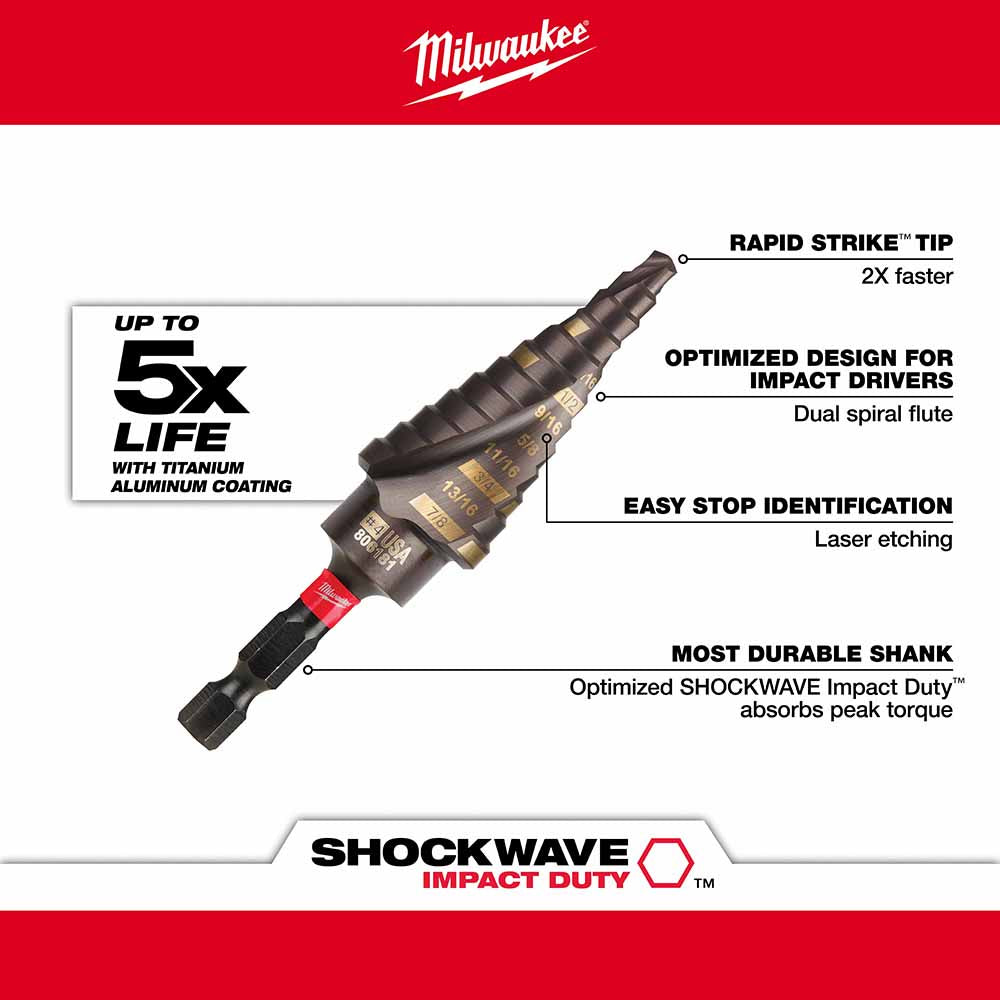 Milwaukee 48-89-9244 SHOCKWAVE Impact Duty Step Bit #4 3/16 - 7/8" - 4