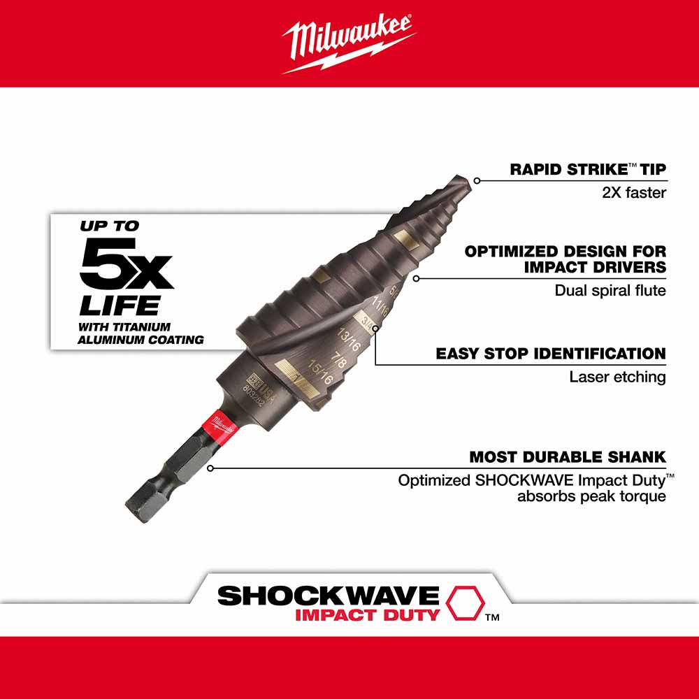 Milwaukee 48-89-9256 SHOCKWAVE Impact Duty Step Bit Mechanical Set (#2, #3, #8) - 5