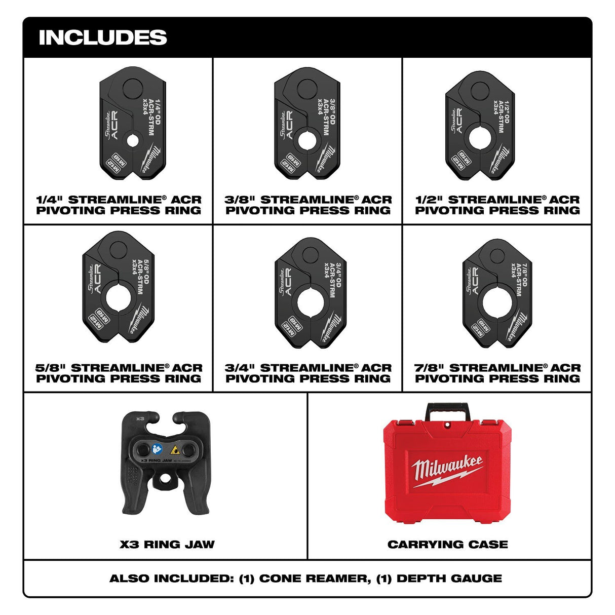 Milwaukee 49-16-2461MX 1/4" - 7/8" Streamline ACR Pivoting Press Ring Kit for M12 FORCE LOGIC Press Tool - 3