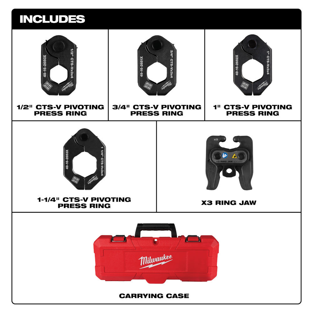 Milwaukee 49-16-2490X 1/2" - 1-1/4" CTS-V Pivoting Press Ring Kit for M12 FORCE LOGIC Press Tool - 2