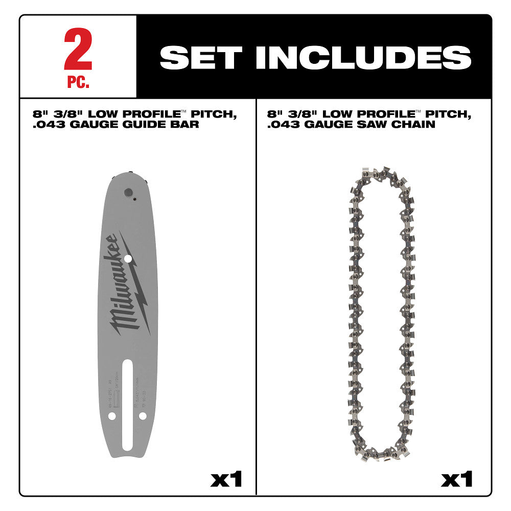 Milwaukee 49-16-2818 8"  3/8" LOW PROFILE Pitch, .043" Gauge Saw Chain and Guide Bar Set - 2