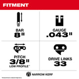 Milwaukee 49-16-2818 8"  3/8" LOW PROFILE Pitch, .043" Gauge Saw Chain and Guide Bar Set - 4