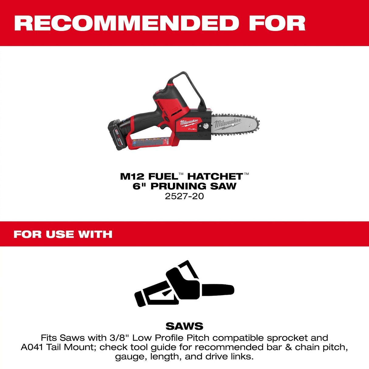 Milwaukee 49-16-2843 6 in. 3/8 in. Low Profile Pitch 0.043 in. Gauge Saw Chain and Guide Bar Set (2 Pc) - 3