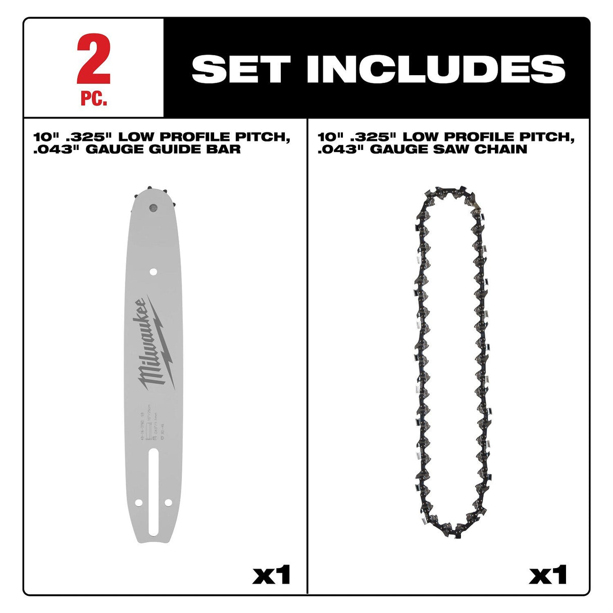 Milwaukee 49-16-2844 10 in .325 in Low Profile Pitch .043 in Gauge Saw Chain and Guide Bar Set (2 Piece) - 2