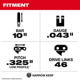 Milwaukee 49-16-2844 10 in .325 in Low Profile Pitch .043 in Gauge Saw Chain and Guide Bar Set (2 Piece) - 4