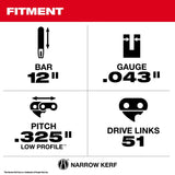 Milwaukee 49-16-2846 12 in .325 Low Profile Pitch .043 Gauge Saw Chain and Guide Bar Set (2 Pc) - 4