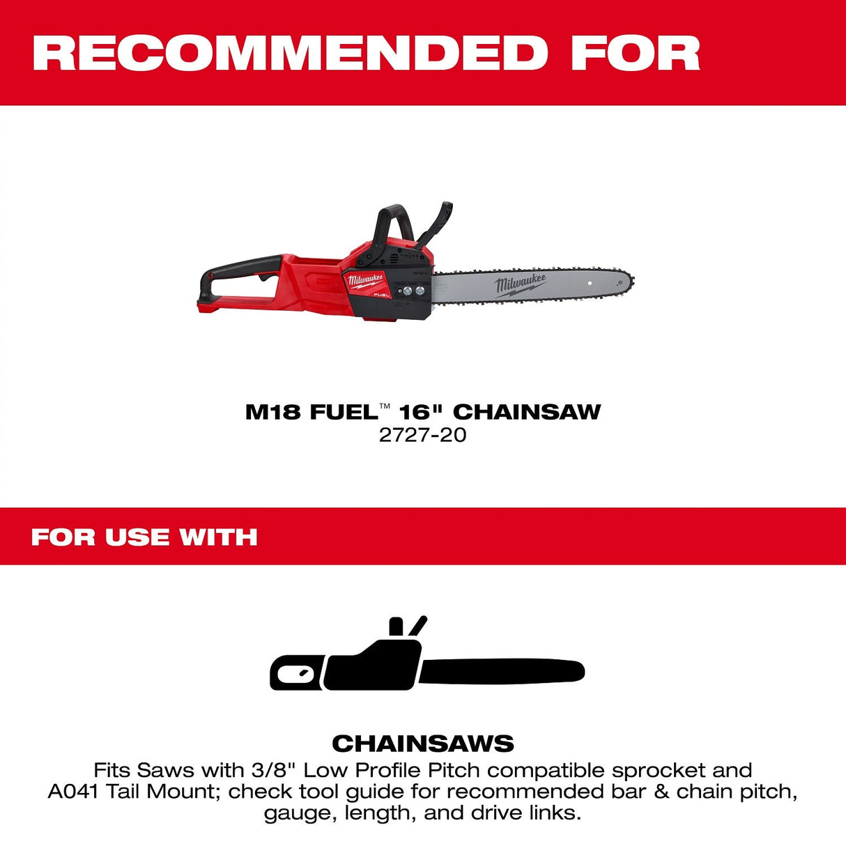 Milwaukee 49-16-2856 16 in. 3/8 in. Low Profile Pitch .043 in. Gauge Saw Chain and Guide Bar Set (2 Piece) - 3