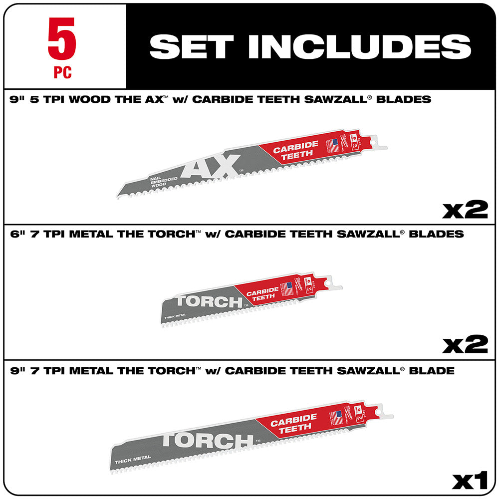 Milwaukee 49-22-5505 5pc Carbide Teeth SAWZALL Blade Set - 2