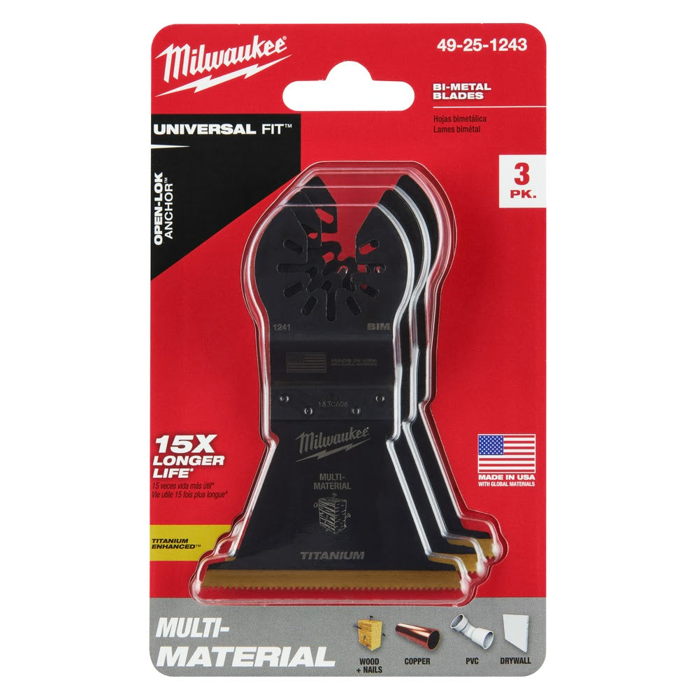 Milwaukee  49-25-1243 Milwaukee® OPEN-LOK™ 2-1/2" TITANIUM ENHANCED BI-METAL MULTI-MATERIAL BLADES 3PK - 9