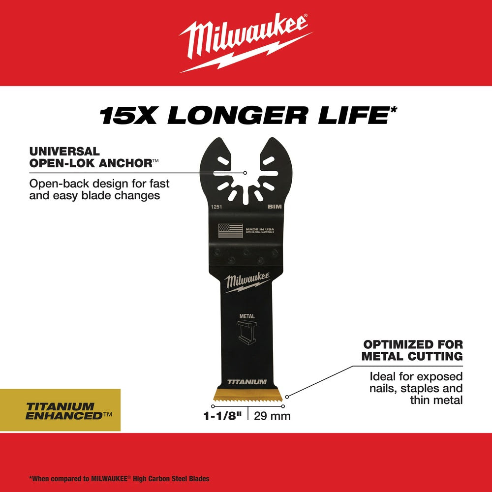 Milwaukee  49-25-1251 Milwaukee® OPEN-LOK™ 1-1/8" TITANIUM ENHANCED BI-METAL METAL BLADE 1PK - 6