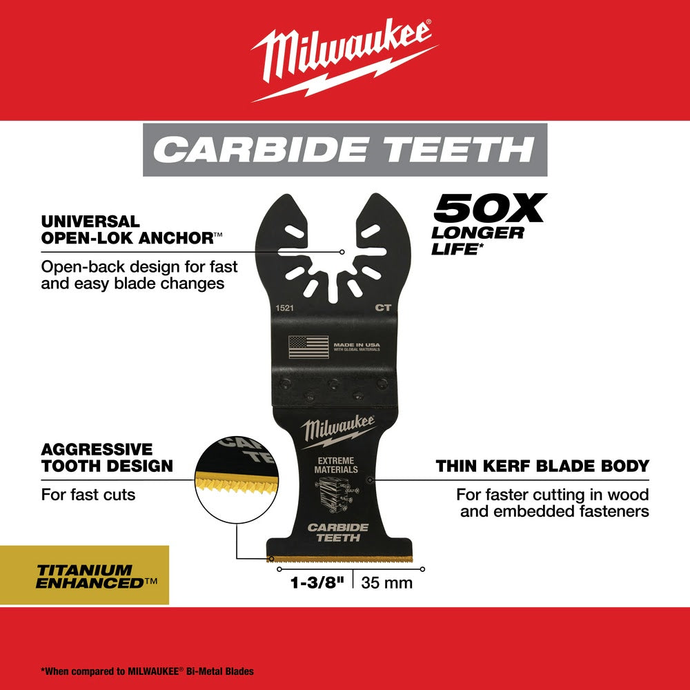 Milwaukee  49-25-1522 Milwaukee® OPEN-LOK™ 1-3/8" TITANIUM ENHANCED CARBIDE TEETH MULTI-MATERIAL BLADE 2PK - 5