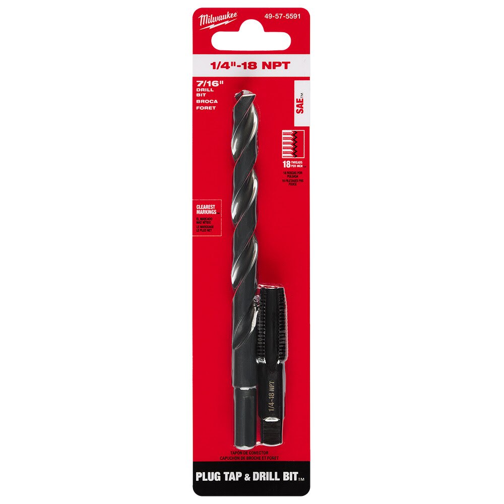 Milwaukee 49-57-5591 1/4"-18 NPT Straight Flute Plug Tap & 7/16" Drill Bit - 11