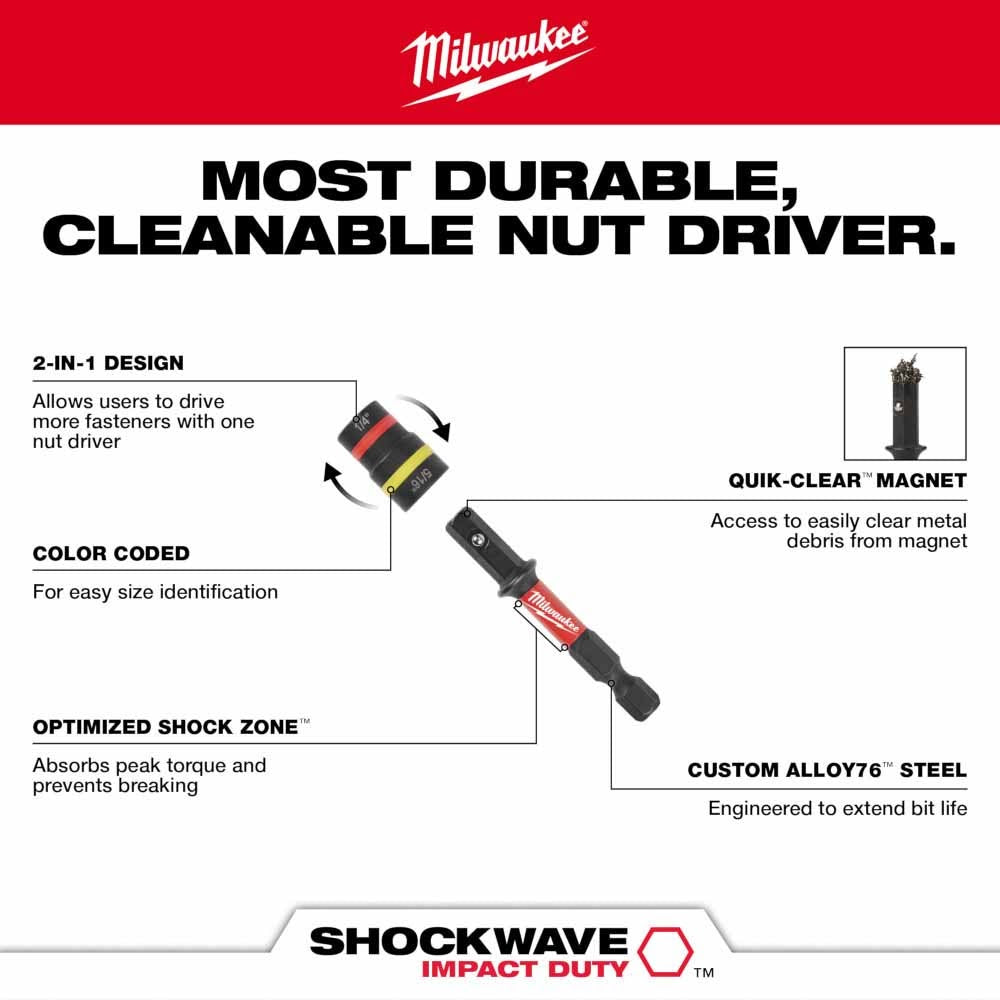 Milwaukee 49-66-4542 SHOCKWAVE Impact Duty 1/4" and 5/16" x 2-1/4" QUIK-CLEAR 2-in-1 Magnetic Nut Driver - 2