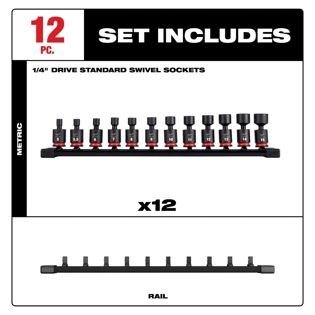 Milwaukee 49-66-7101 1/4" Drive Metric Standard Swivel Socket Set with SecureSwivel Pinless Joint (12 Piece) - 7