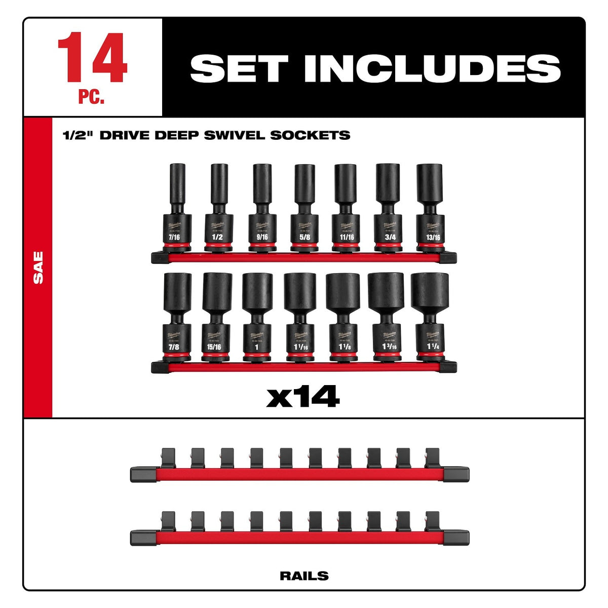 Milwaukee 49-66-7108 Shockwave Impact Duty 1/2" Drive SAE Deep Swivel Socket Set (14 Piece) - 7
