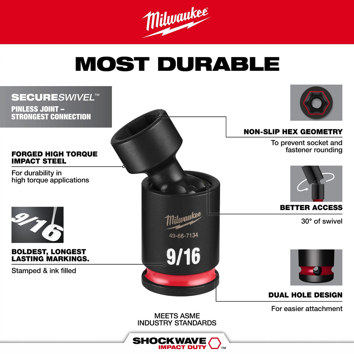 Milwaukee 49-66-7133 Shockwave 3/8" Drive 1/2" Standard Swivel Impact Socket - 7
