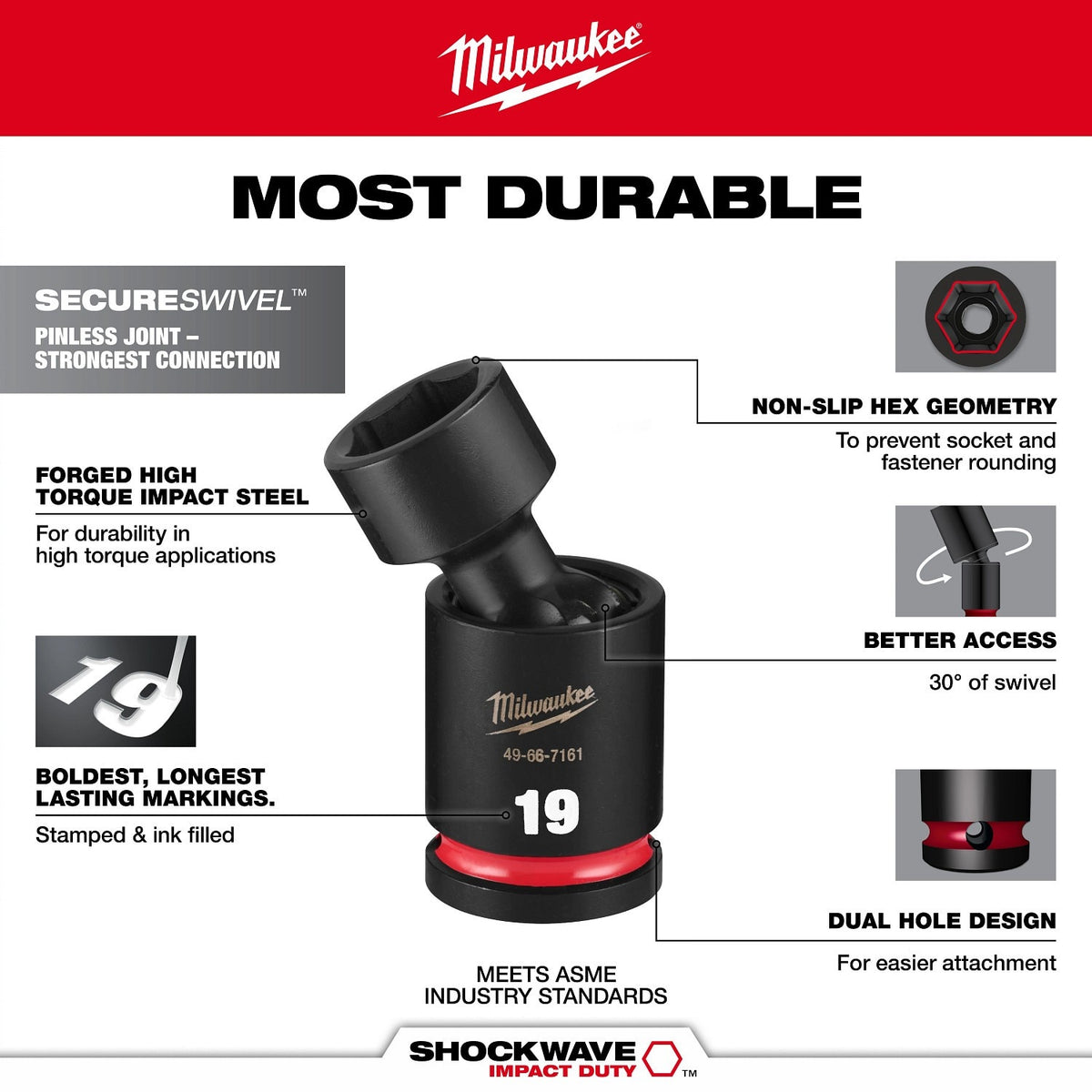 Milwaukee 49-66-7158 Shockwave Impact Duty 1/2" Drive 16 mm Standard Swivel Socket - 7